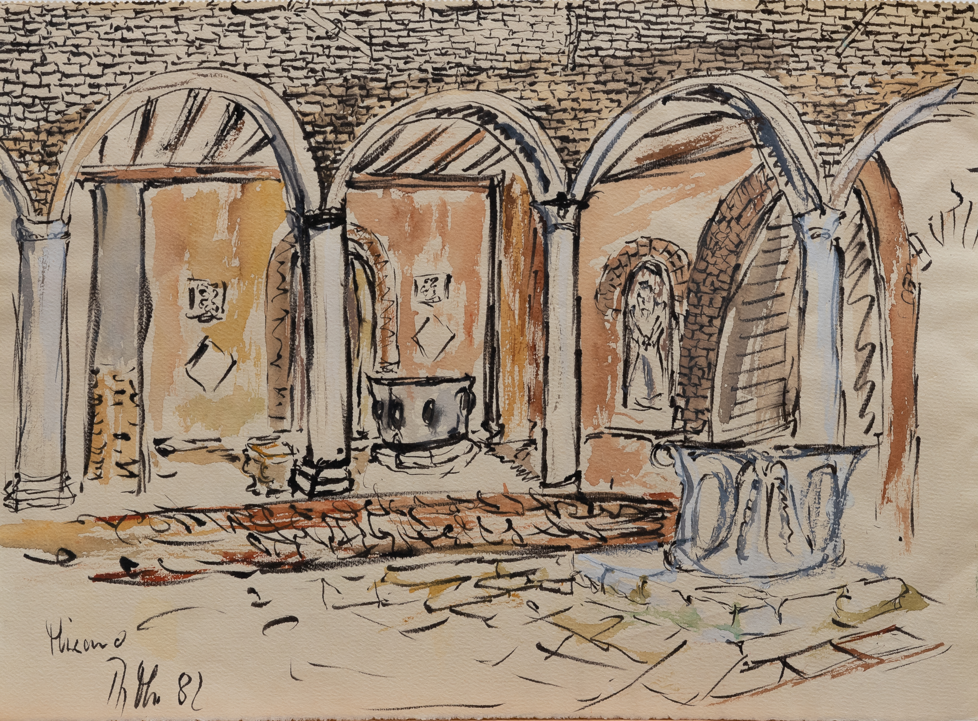 Gasse in Italien mit Torbogen und Brunnen