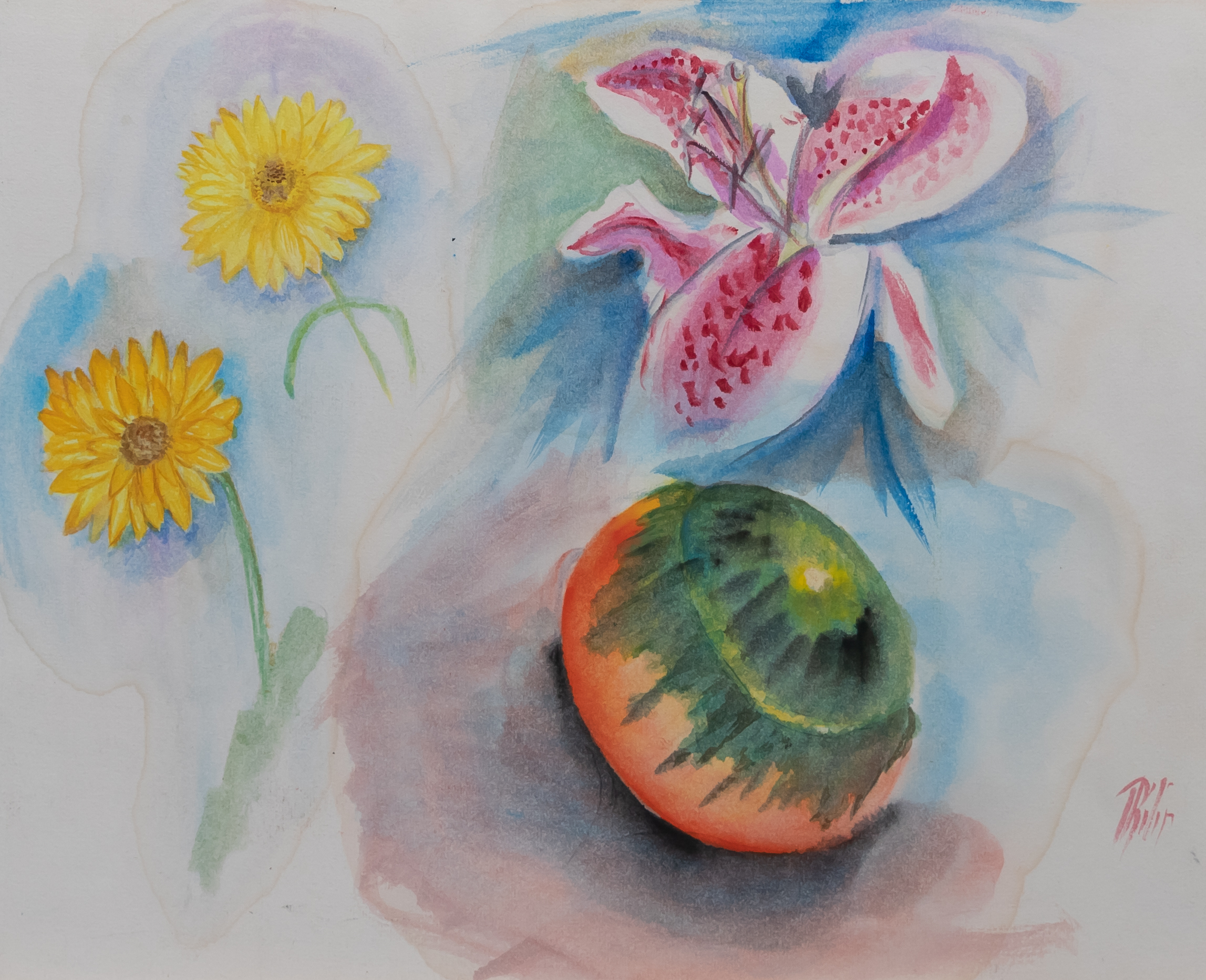 Stilleben mit Lilie und fauler Frucht